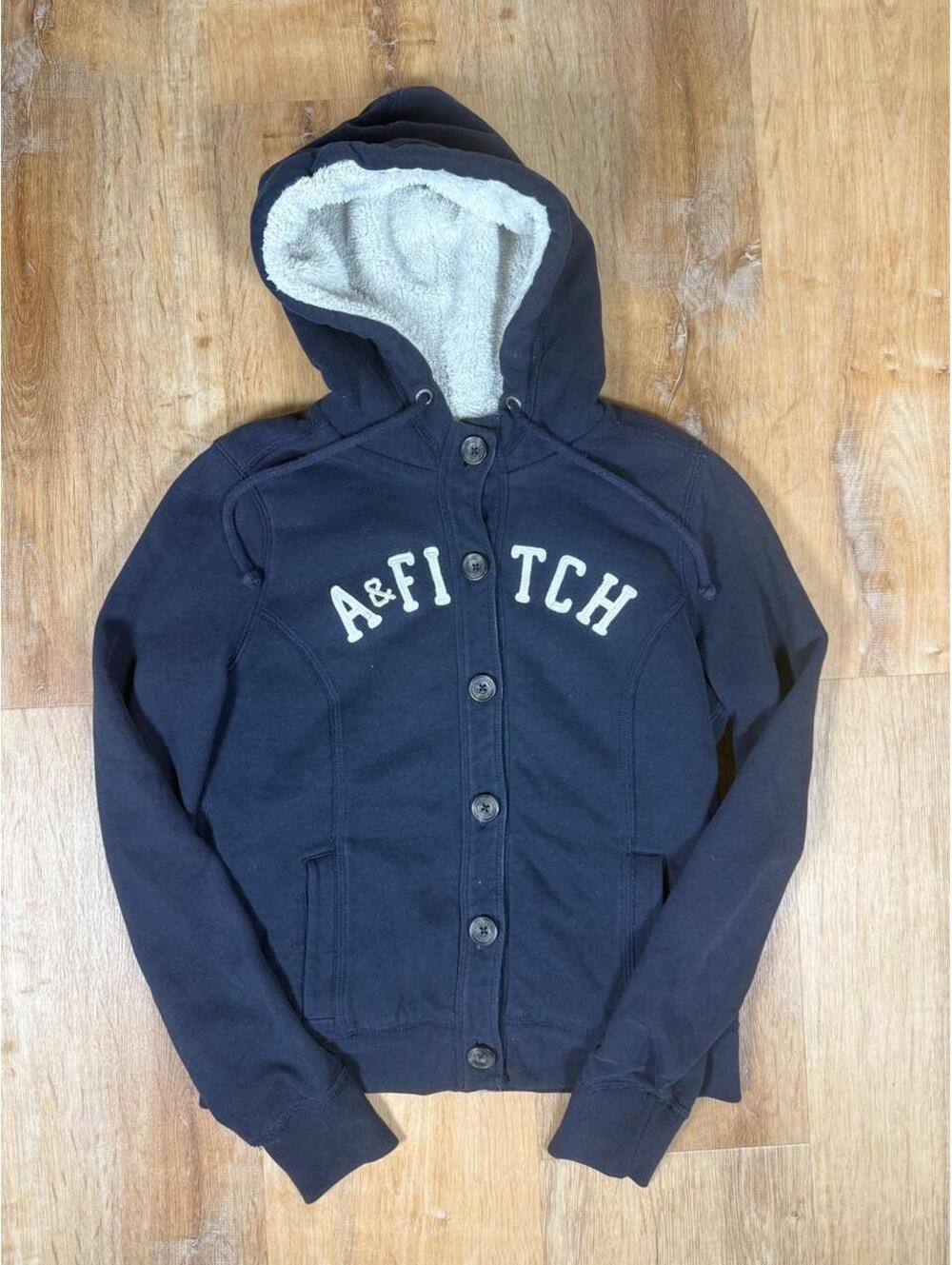Y2K Abercrombie & Fitch Navy Blue Sherpa-Lined Button-Up Hoodie – Size L